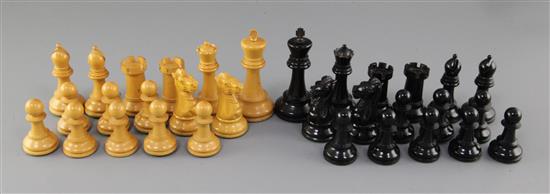 A Jaques & Son Staunton pattern ebony and boxwood library chess set, kings 3.5in.